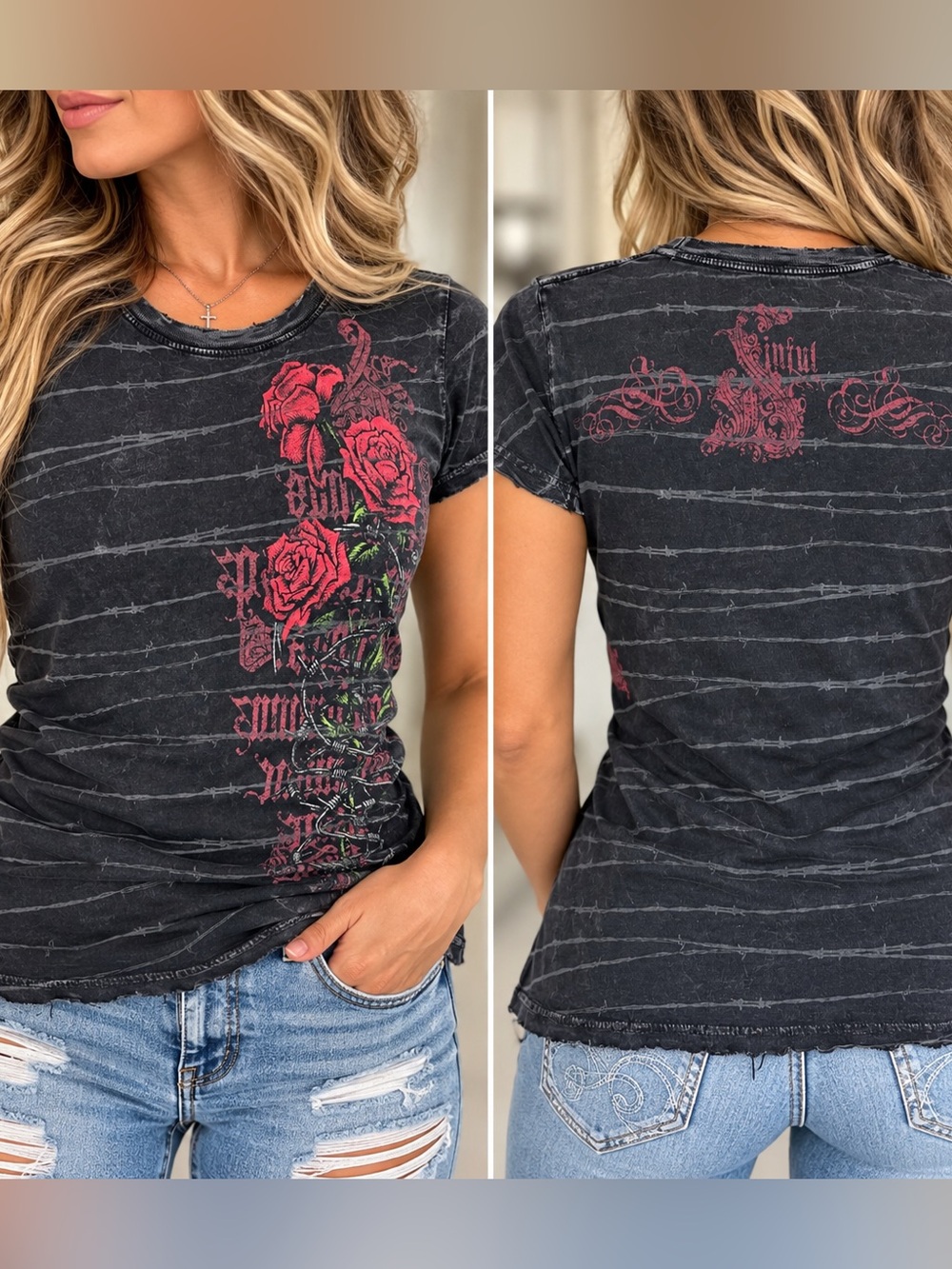 VTG Sinful by Affliction Barbed Wire Roses Graphic Tee Charcoal Black, Small